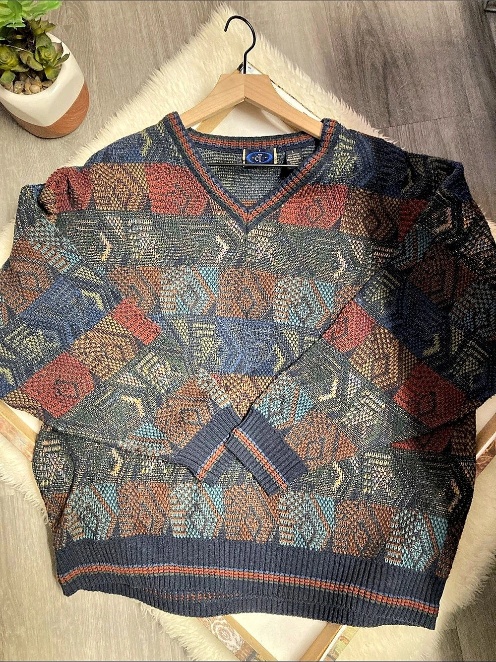 VTG 80โs 90โs Y2K Abstract Geometric Textured Knit Cosby Grandpa Dad Sweater L